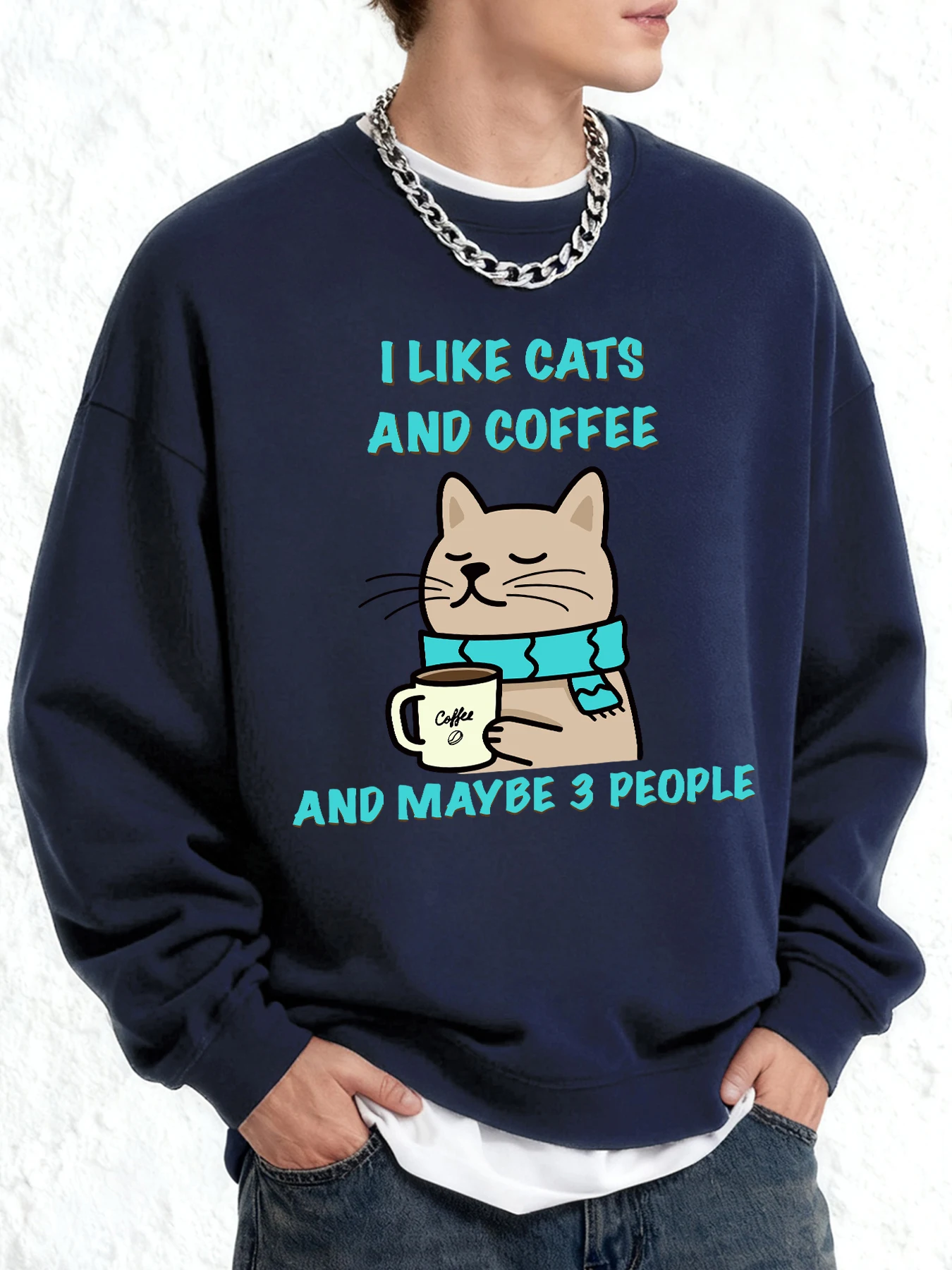 أنا أحب القطط والقهوة وربما 3 أشخاص تصميم الرجال البلوز العصرية الرجعية الملابس كبيرة الحجم رداء علوي غير رسمي الخريف س الرقبة البلوز