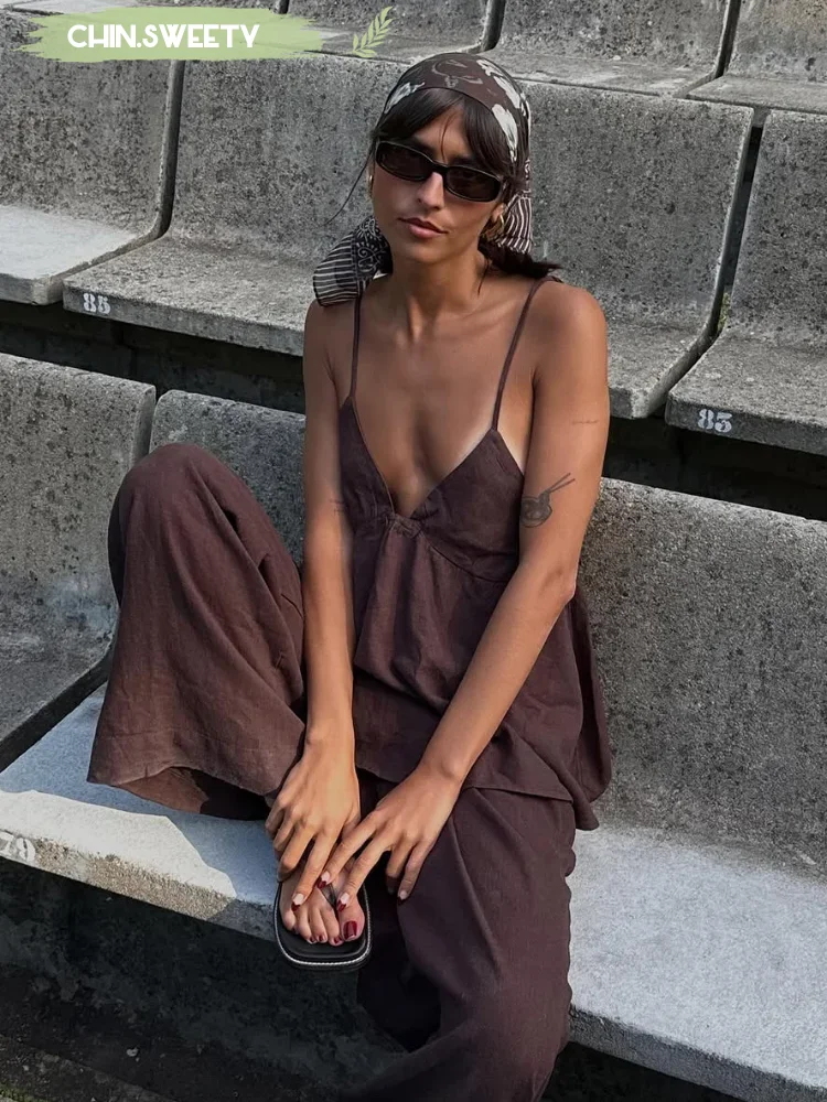 

Brown Casual Suspender Pants Set Fashion Women's Sleeveless Off Shoulder Strapless Top Loose Long Trousers Summer Street Outfits
