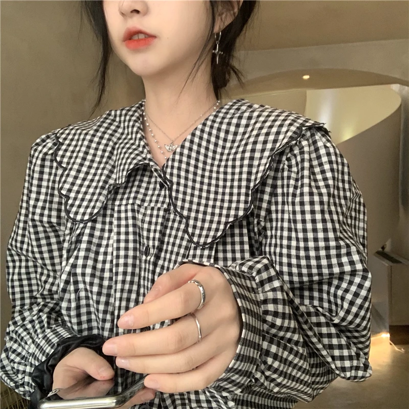 Shirts Women Fashion New All Match Plaid Design French Style Peter Pan Collar Vintage Casual Spring Ladies Clothes Cozy Pretty