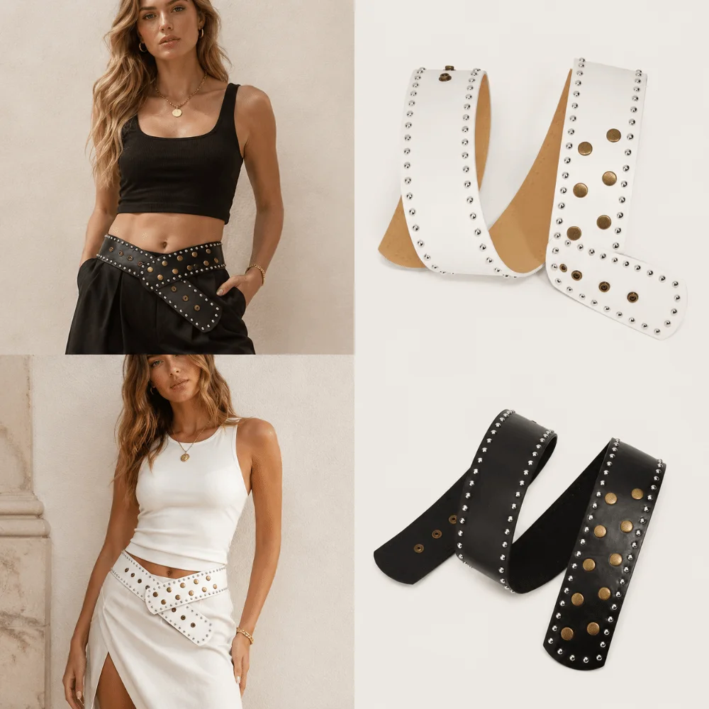 Gothic Wide Waist Belt Metal Studded Rivet Corset Wrap Belt Hollow Circle Eyelet No Buckle Waistband for Women For Party Outfit