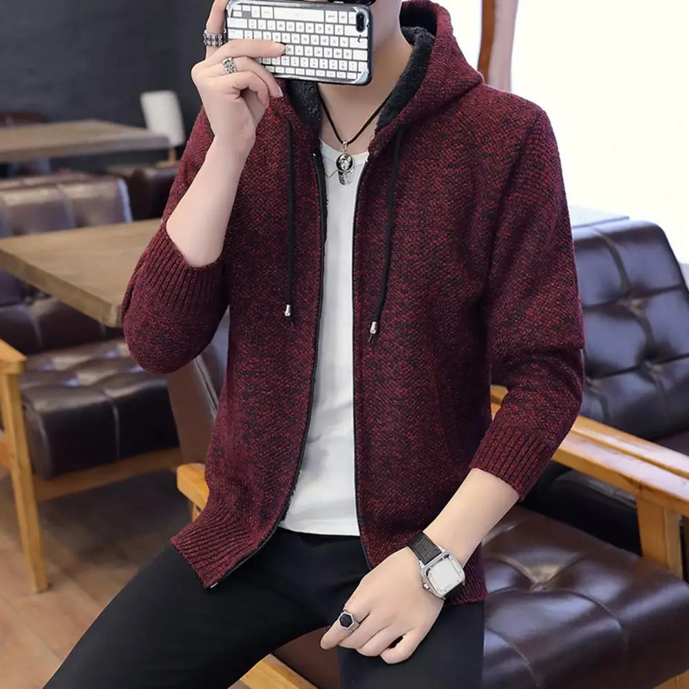 

Men Fall Winter Coat Knitted Sweater Coat Hooded Drawstring Thick Solid Color Long Sleeve Zipper Closure Soft Casual Men Jacket