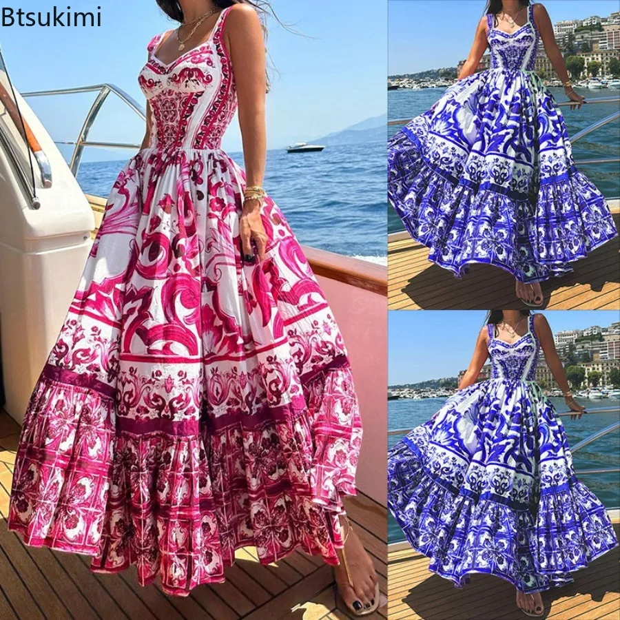 

New Suspended Long Skirt for Women Vintage Print High Waist Temperament Big Swing Maxi Dress Ladies Vacation Fashion Sling Dress