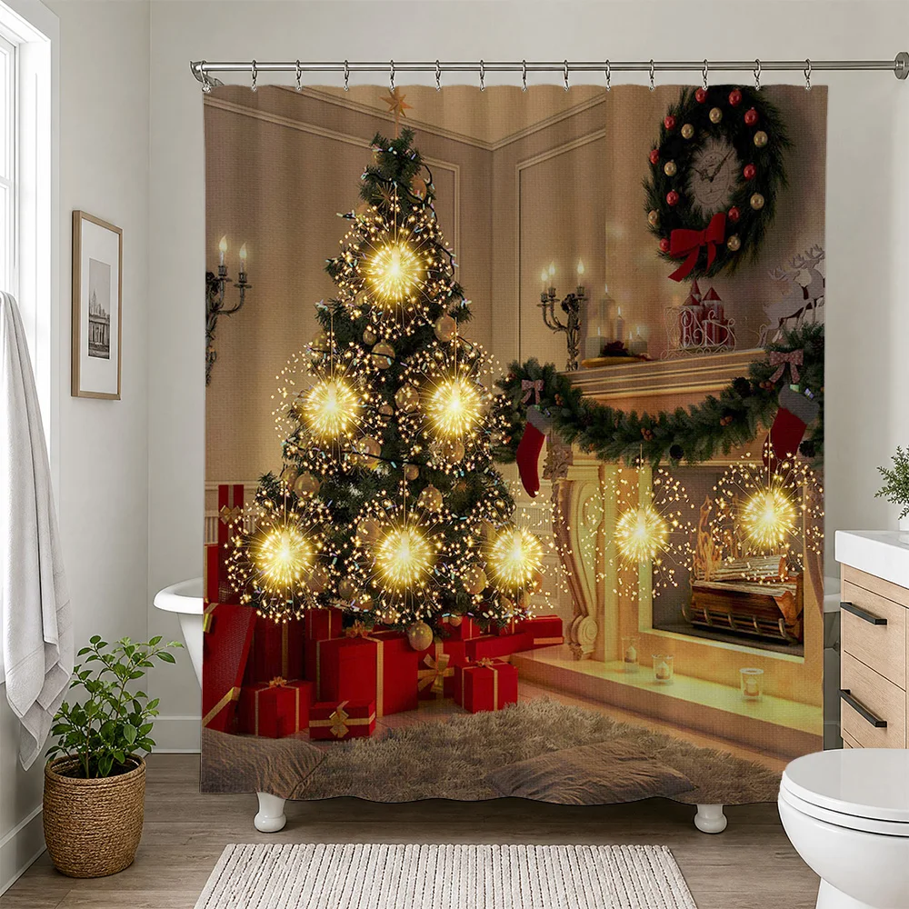 Festive Christmas Shower Curtain Holiday Scene Xmas Tree Gifts Mantel Decor Bathroom Shower Curtain