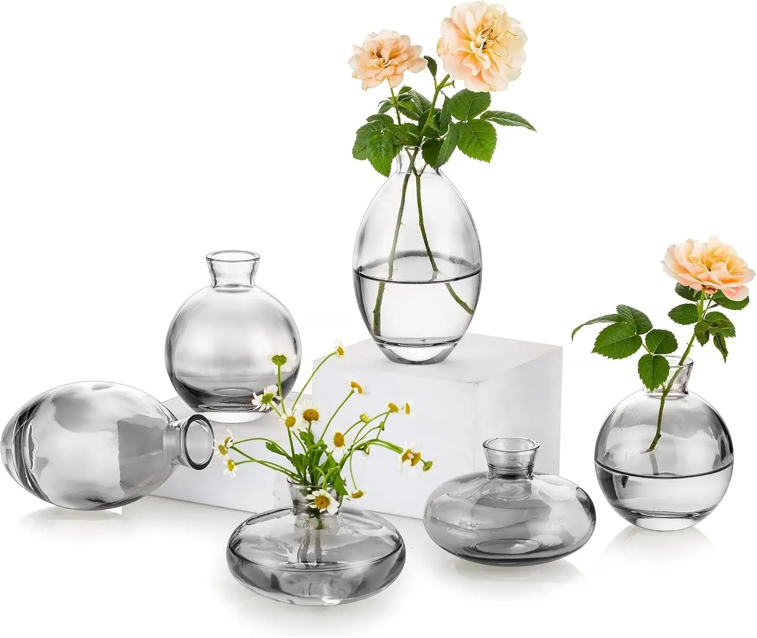 

Glass Bud Vase for Centerpieces, 6Pcs/2Sets Modern Gray Mini Small Vases for Flowers Bulk Flower Vase Set Aesthetic C