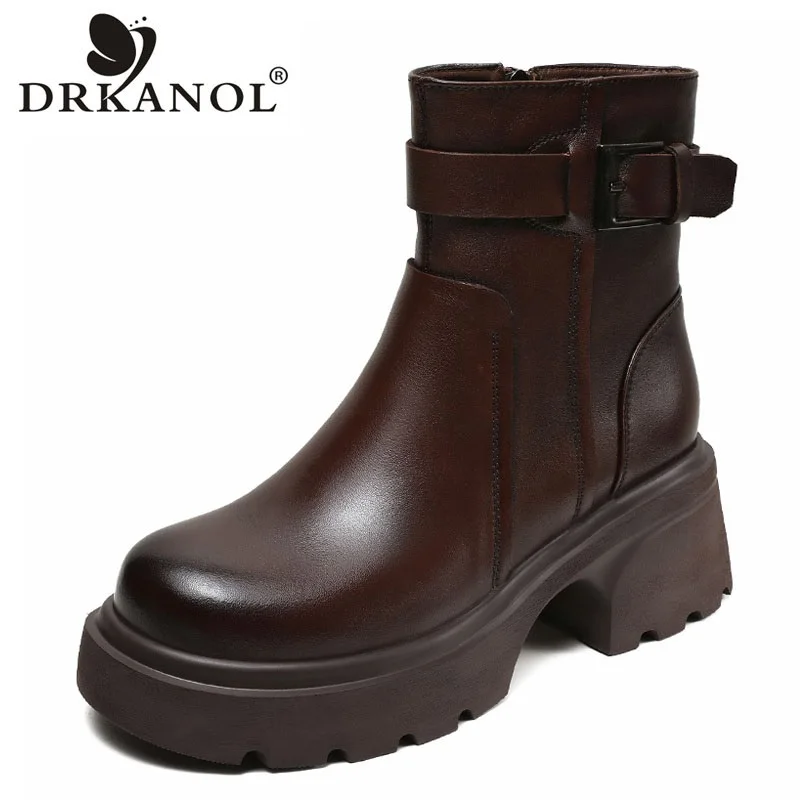 DRKANOL 2024 Women Platform Mid Calf Boots Autumn Winter Warm Thick High Heel Side Zipper Round Toe Handmade Retro Trend Boots