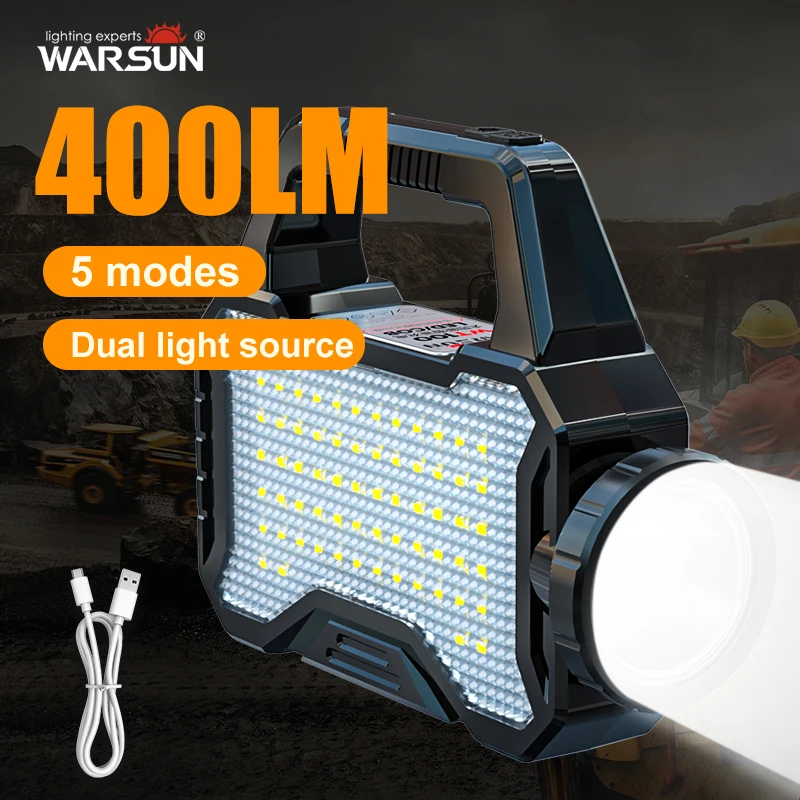 WARSUN WT100 Rechargeable LED Searchlight, Dual Light Source, 580Lm, 3 Modes,Portable Work Light