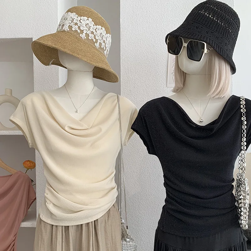Camisa Casual de Mujer con Hilo Brillante de Color Puro, Estilo Brisa Suave, Diseño Ajustado a la Cintura, Manga Corta y Cuello Solapa