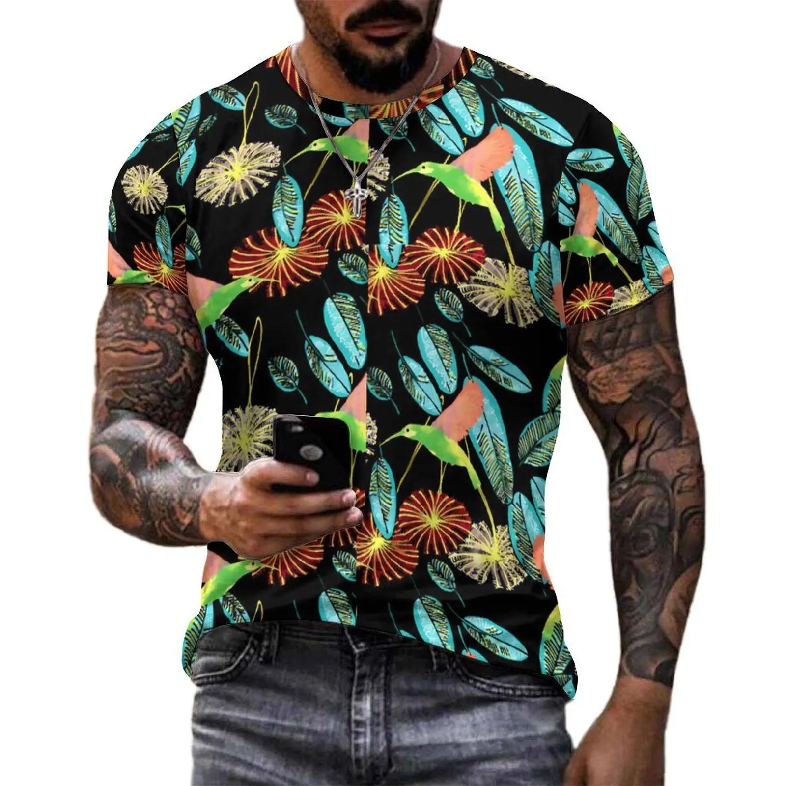 Oversized T Shirt Original Tropical Birds Flower T Shirts Green Leaves Funny Crewneck Tshirt Male Popular Custom Tees