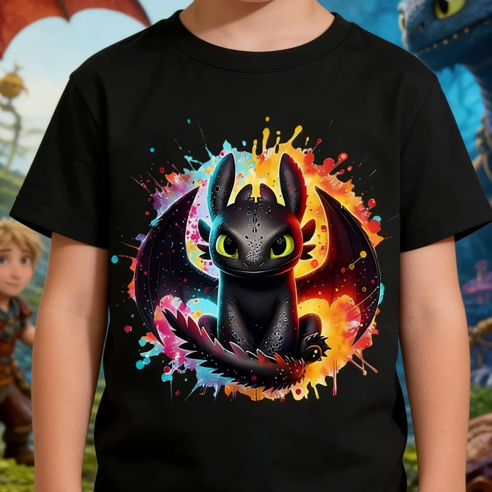 Toothless Kid T-ShirtDragon Graphic Tee,Short Sleeve Cotton Crewneck,Colorful Art Print,Daily Casual Wear,Trending Kids' Apparel