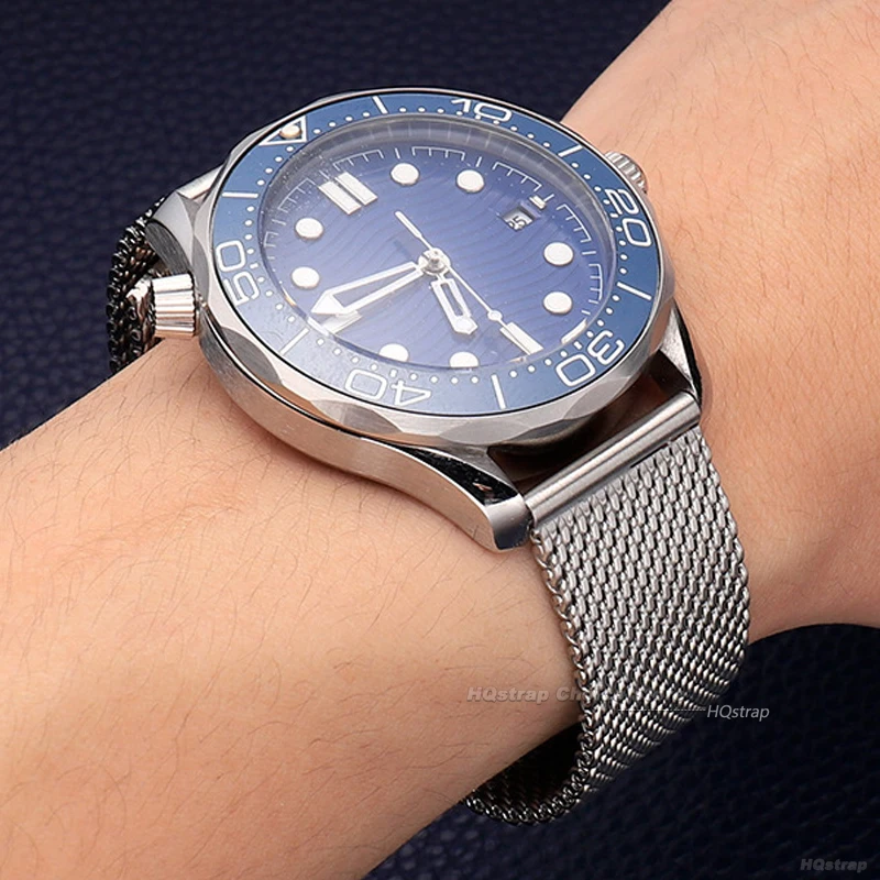 22 20mm pulseira de malha milanesa para omega 007 pulseira de aço inoxidável para seamaster 300 original dobrável fecho pulseira de negócios