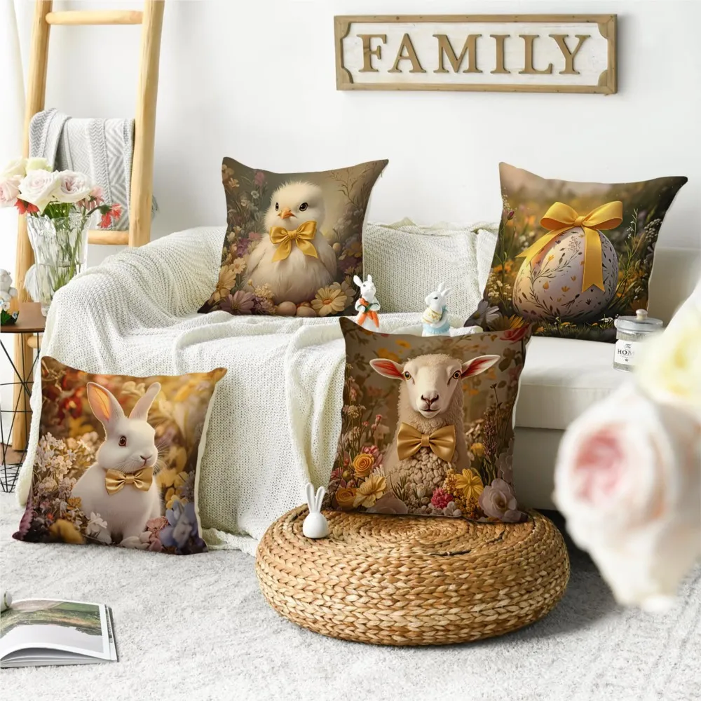 4pcs Spring Easter Happy Throw Pillow, Cute Rabbit, Plant Flowers, Double-Sided Printed Design, Soft Plush Cushion with Insert