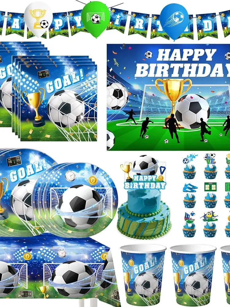 Fußball-Geburtstagsparty-Dekorationen: Ballons, Teller, Becher, Banner, Tischgeschirr-Set für Babyparty, Fußball-Party-Gastgeschenke, Sport-Kinder-Geschenke – Detail 1