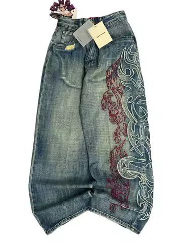 Y2K American New Pattern Embroidery Baggy Jeans Men High Street Vintage Hip Hop Fashion Casual Joker Couple Wide-leg Pants