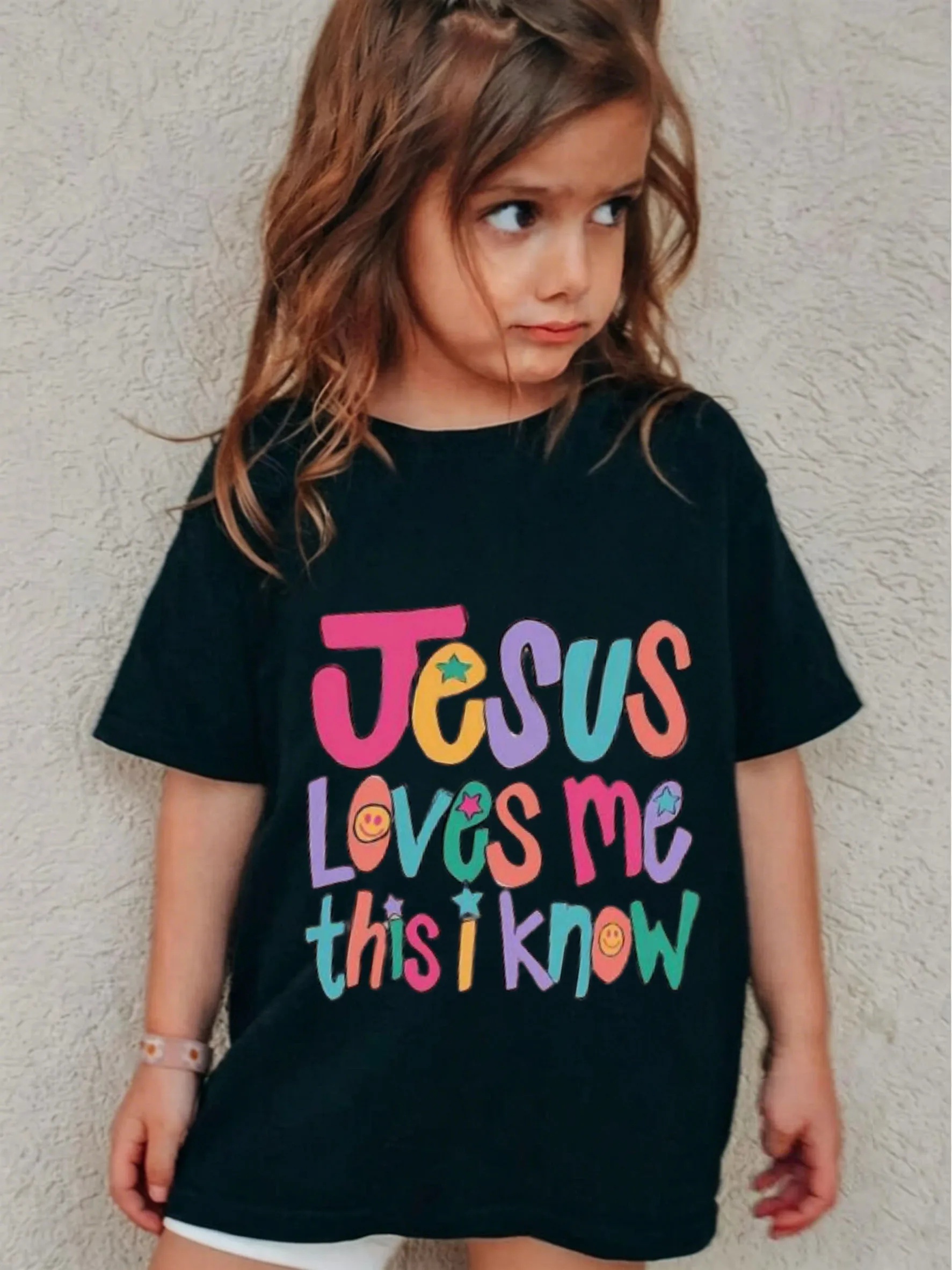 Girls' Short Sleeve T-Shirt Jesus Loves Me This I Know Rainbow Wavy Letter Smiley Star Religious Kids Top Fashion Vintge Tee Top