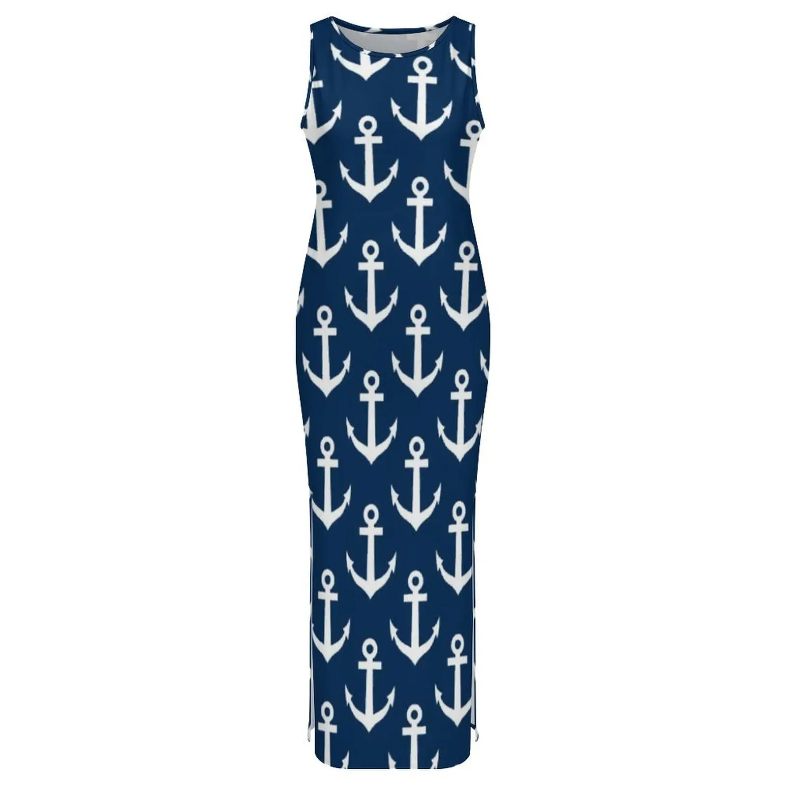 Granatowa sukienka żeglarska bez rękawów wzór kotwicy statku modne sukienki Maxi moda letnia niestandardowa sukienka obcisła DIY duży rozmiar