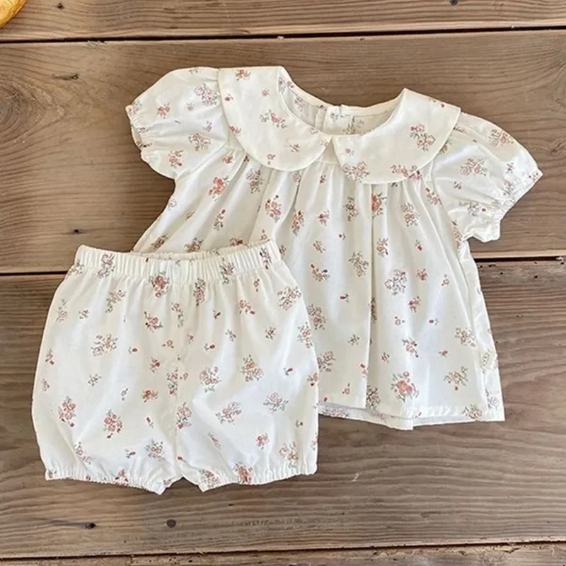 

Summer Cotton Short Sleeve Shirt Shorts Suits Sweet PrincessTop+Trousers Sets 2pcs 0-4T Baby Girls Outfits Floral Clothes