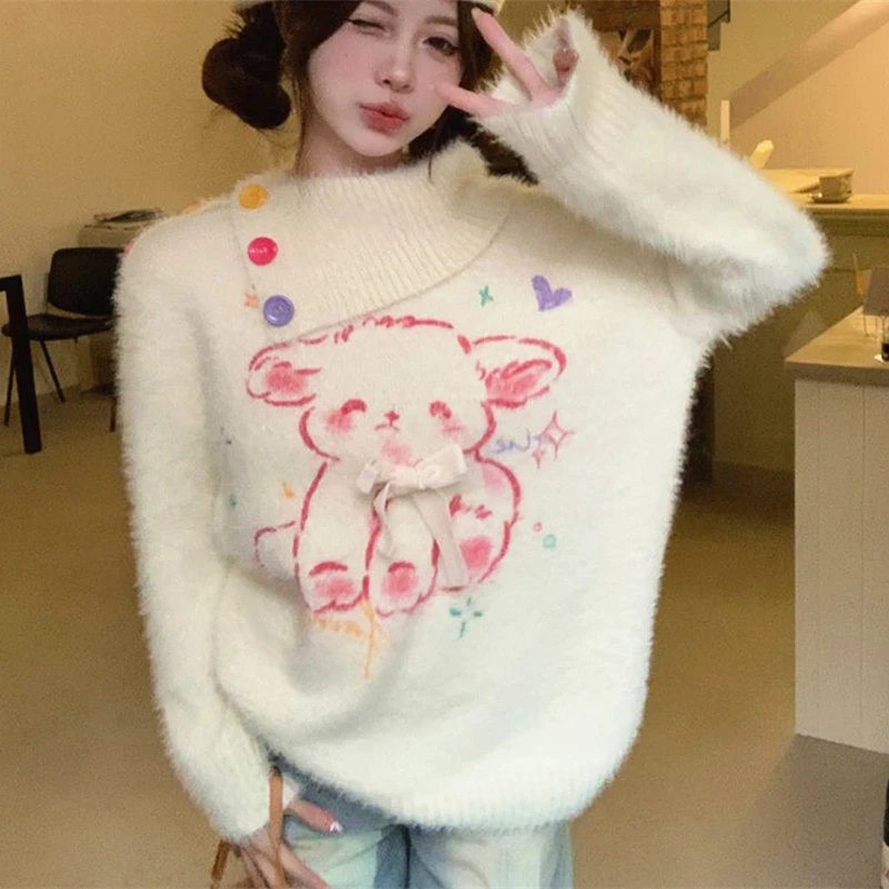 Super Soft Plush Winter Sweater Coat for Girls Cute Rabbit Y2K Printed Lapel Turtleneck Thicken Pullover Women Kawaii Clothes