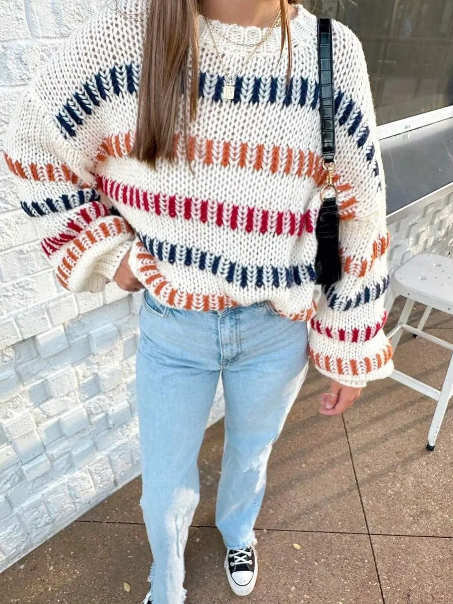 2026 Autumn Winter Casual Fashion Retro Color Blocked Thick Knitted Loose Bat Sleeve Sweater Colorful Contrast Pullover Tricots