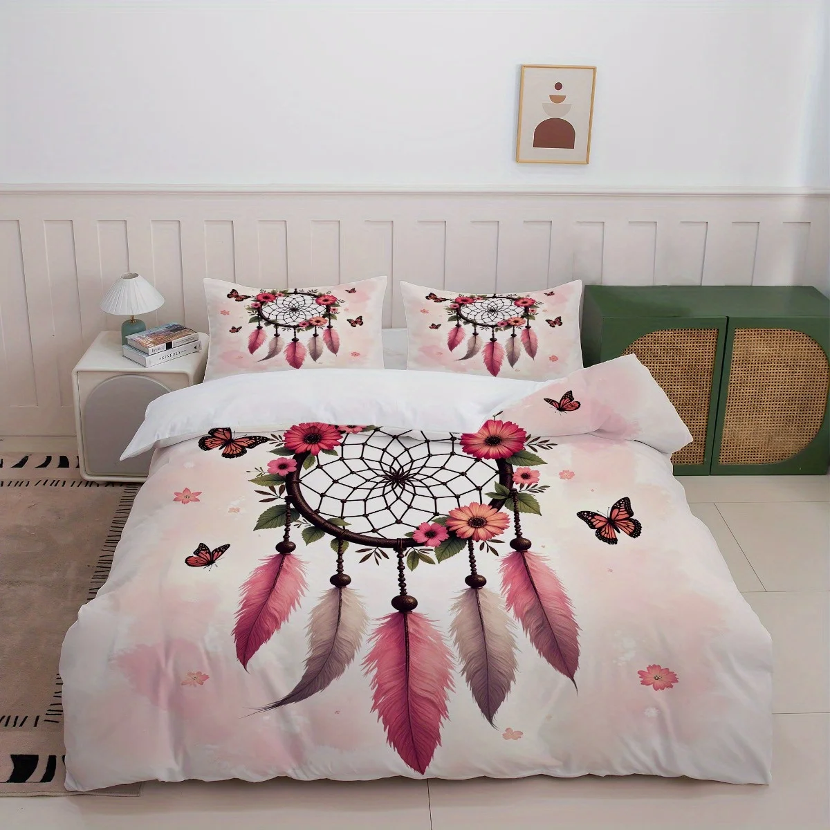 Dream Catcher Duvet Cover, Boho Feather Comforter Cover Set, Watercolor Style Quilt Cover Botanical Floral Butterfly Bedding Set