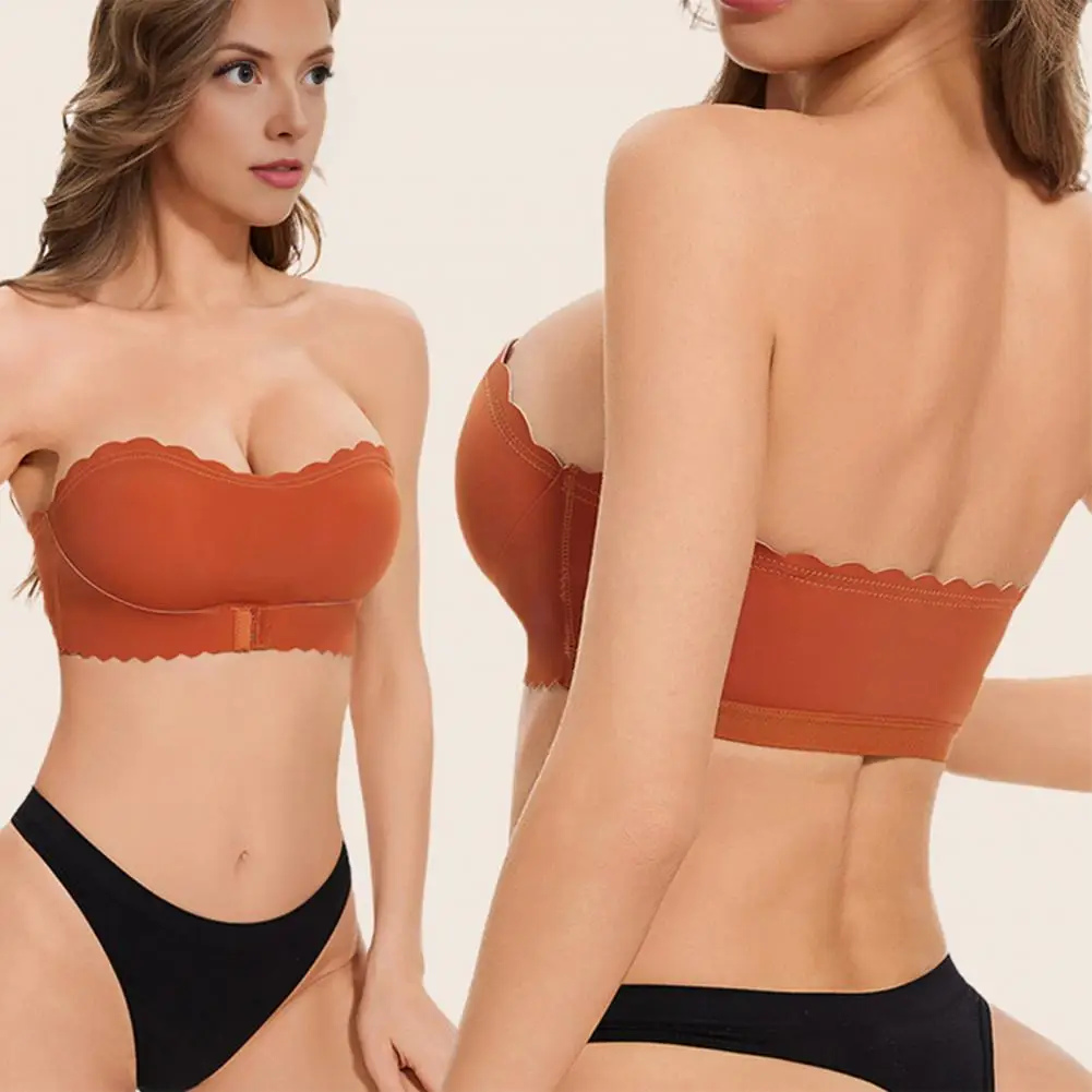 2026 Supportive Strapless Bras Strapless Bras for Women, Front Closure Non-Slip Padded Push Up Bandeau, Wireless Wavy Edge Tube