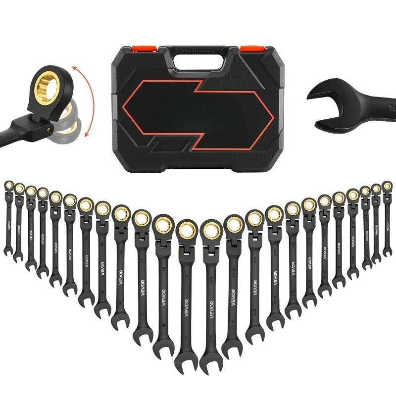 Flex-Head Ratcheting Wrench Set, 24-Piece SAE And Metric, 72 Teeth, Cr-V Steel Ratchet Flexible Combination Wrench Set With Storage Case, For General Household And Automotive Repairs, Black
