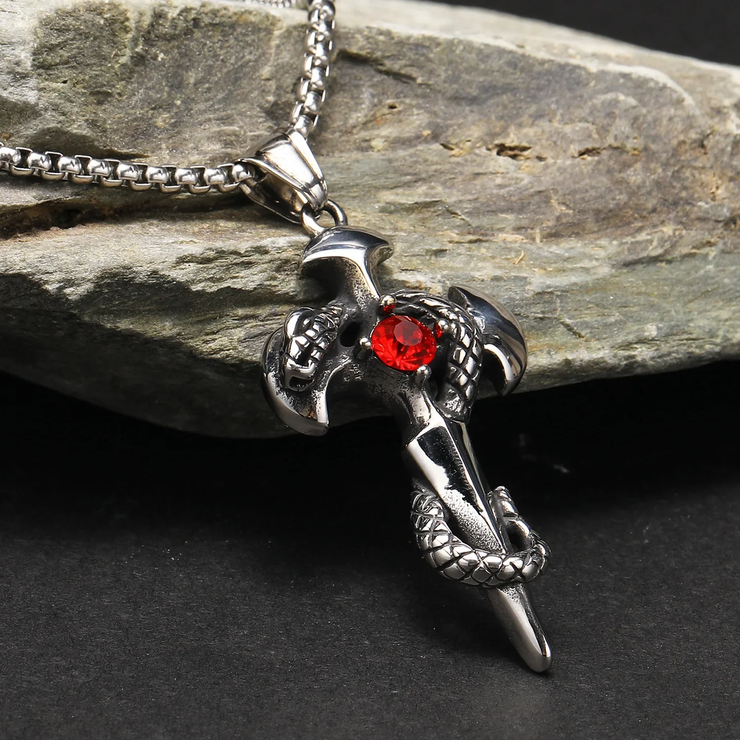 Korean Street Punk Cross Gem Snake Wrapped Sword Stainless Steel Men's Pendant Necklace