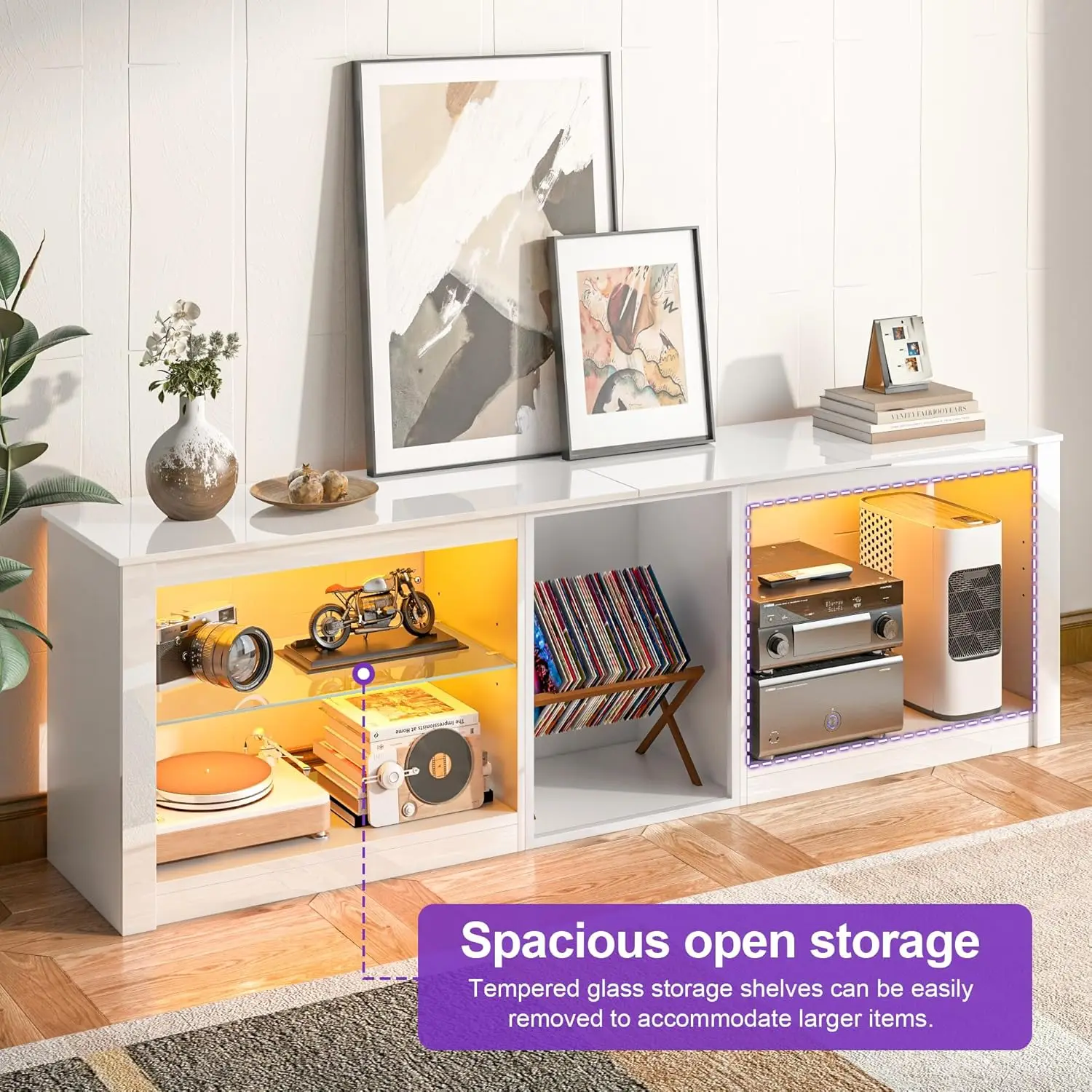 حامل تلفزيون LED عالي اللمعان مقاس 63 بوصة لتلفزيون 50 55 60 65 70 75 بوصة، مركز ترفيه الألعاب لـ PS5، خزانة تلفزيون مع رف زجاجي