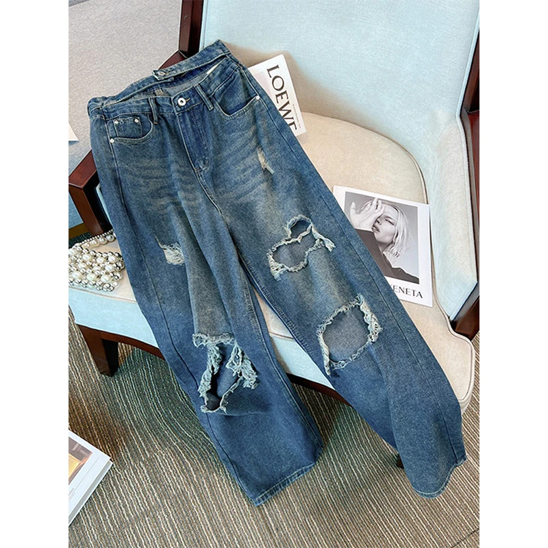 

Винтажные рваные джинсы для женщин, весна 2026, с молнией, с высокой талией, стройнящие, повседневные, свободные, прямые, широкие, длинные брюки
