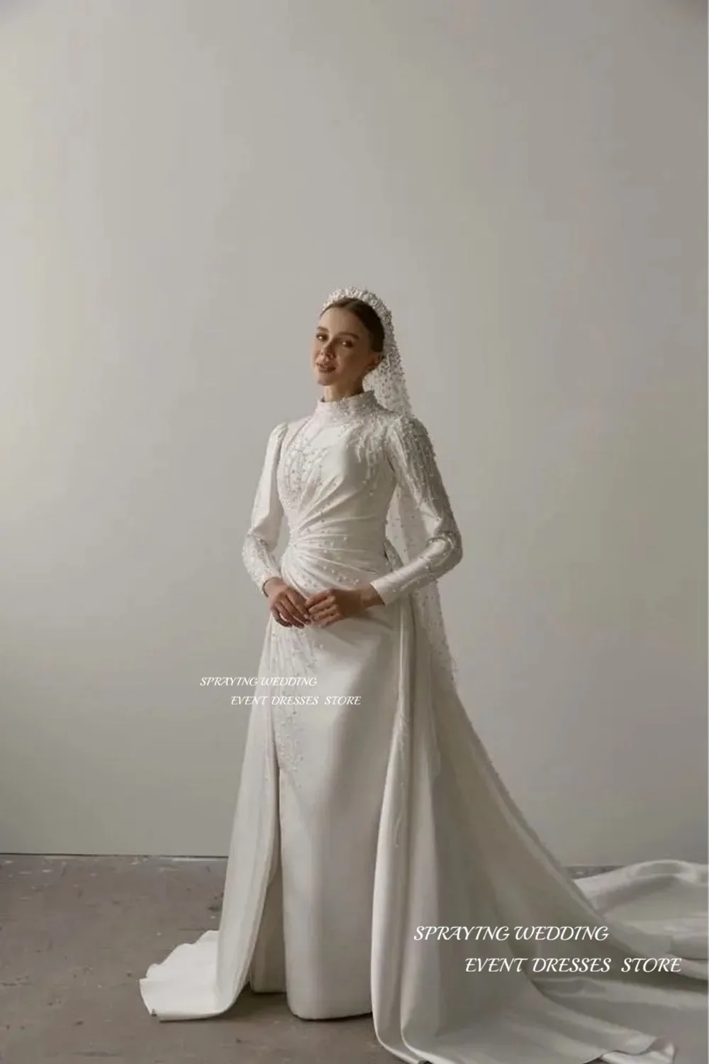 LISM-Robes de mariée sirène à col haut pour femmes musulmanes, manches longues, longueur au sol, perles en satin, fermeture à glissière au dos, mariée formelle de luxe