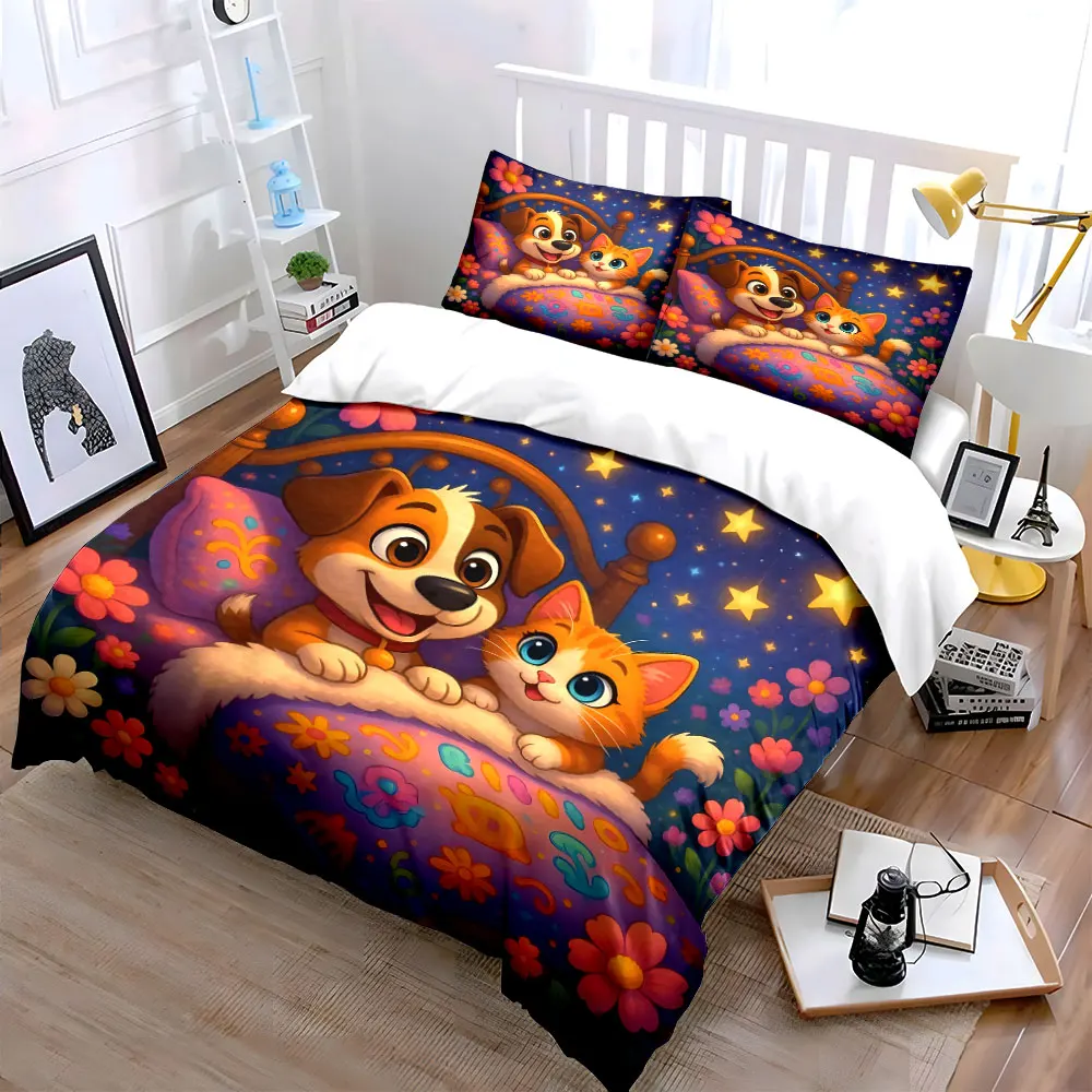 Dog and cat on cozy night Print Bedding Set 1 Duvet Cover 2 Pillowcases for Adult and Children Luxury Gift Full Size