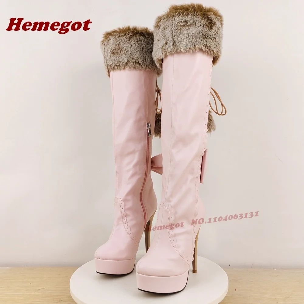

Pink Patchwork Fur Fringe Long Boots for Women Round Toe Platform Stiletto Heels Knee High Boots Side Zipper Bows Lace-Up Shoes