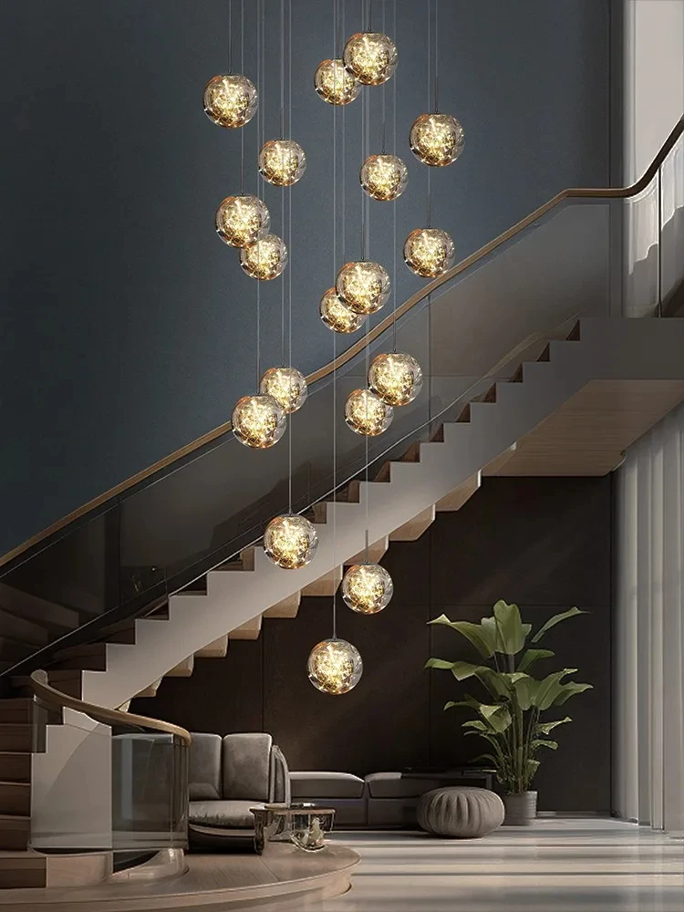 Staircase Pendent Lamps LED Smoked Glass Chandelier Villa Living Room Lighting Luster Hanging Lamp Modern Stair Ball Chandeliers