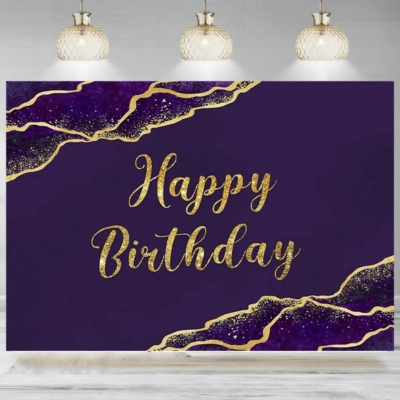 Birthday Backdrop Purple Gold Marble Luxury Abstract Cracks Party Photography Background Golden Glitter Table Decor Banner