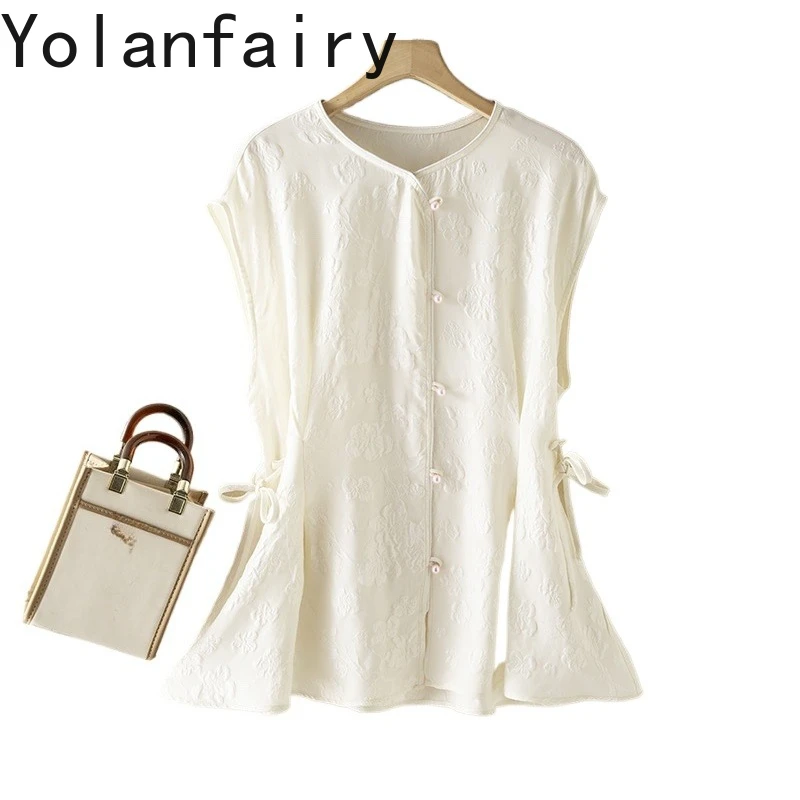

YOLANFAIRY 100% Natural Mulberry Silk Shirt Woman Elegant Jacquard Short Sleeve Summer Tops Women Tees Femme White Shirts Female