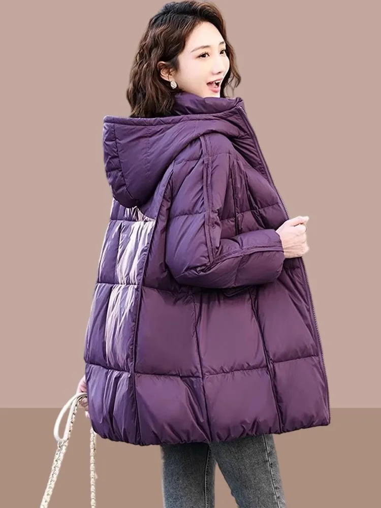 

Women's Mid-Length Thiened down Cotton Jaet Winter Coat Warmth Large Size Loose Fit Hooded Korean Sle Commute Pure Color