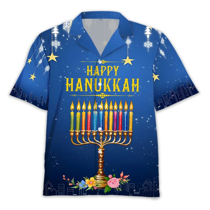 Happy Chanoeka 3D bedrukte shirts met korte mouwen voor herenkleding Chanukka vakantie revers blouse kaars dag knop kleding unisex