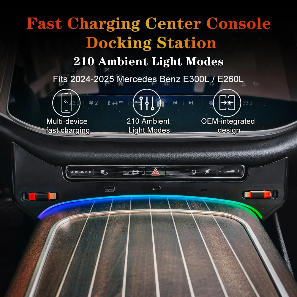 Wireless Car Charger for Mercedes Benz E Class 2024 2025 Fast Charging Dock 210 Color Ambient Light Center Console Phone Charger