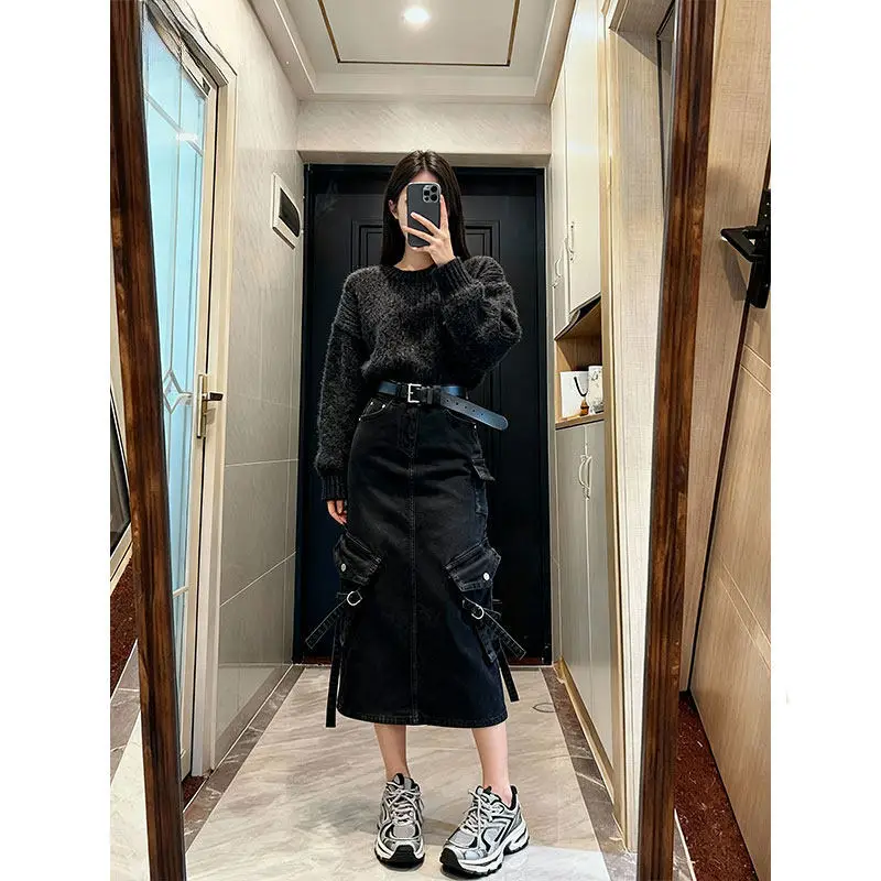 Women's Black Red Denim Cargo Midi Skirt High Waist Multi Pocket Strappy A-line Skirt Y2k Chic Grunge Casual Streetwear Outfits