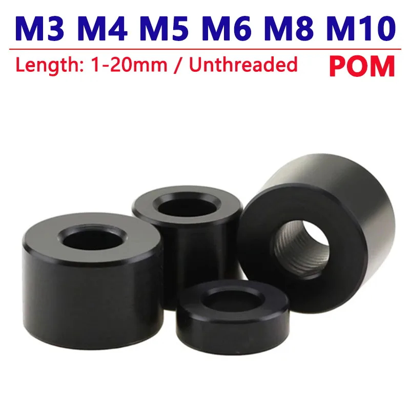 M3 M4 M5 M6 M8 M10 Black Pom Round Hollow Unthread Standoff Bushing Washer Spacer Sleeve Insulated Plastic Gasket Length 1-20mm