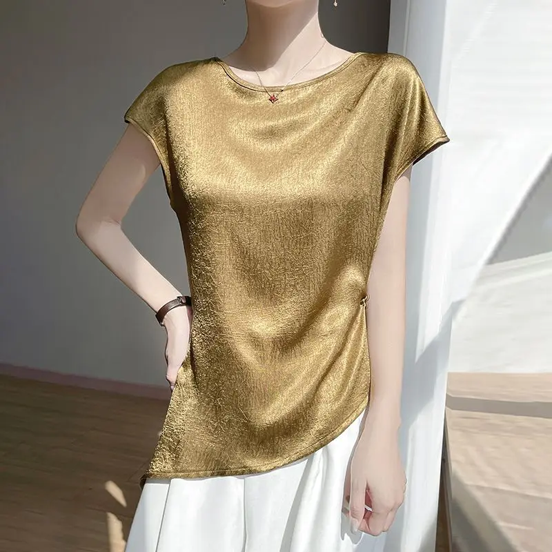 

Women Summer Simplicity Office Lady Loose Solid Color V-neck Short Sleeve T-Shirt Ladies Trend Appear Thin All-match Casual Tops