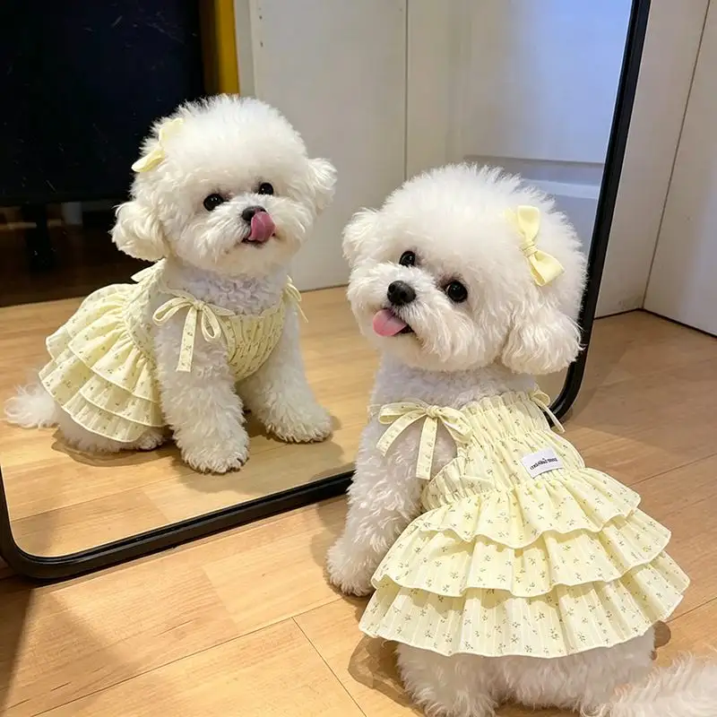 New Spring Summer Pet Dresses Puppy Dog Outfits Print Multilayer Lace Sling Princess Dress for Small Medium Dog Pet Clothes
