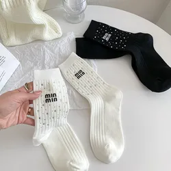 Trendy Rhinestone Black and White Medium Tube Socks for Women Spring and Summer Thin Korean Long Tube Cotton Ins Style