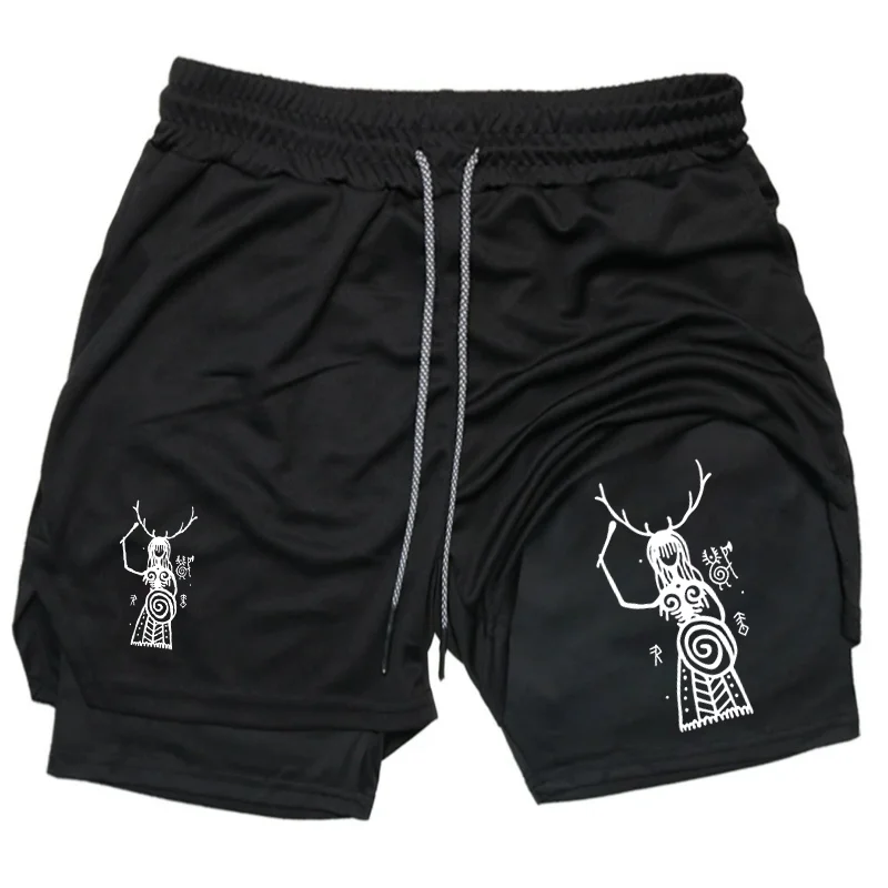 Primitive Mural Print 2-in-1-Laufshorts für Herren, Kompressionsshorts für das Fitnesstraining mit Handytasche, Handtuchschlaufe, Sommersport