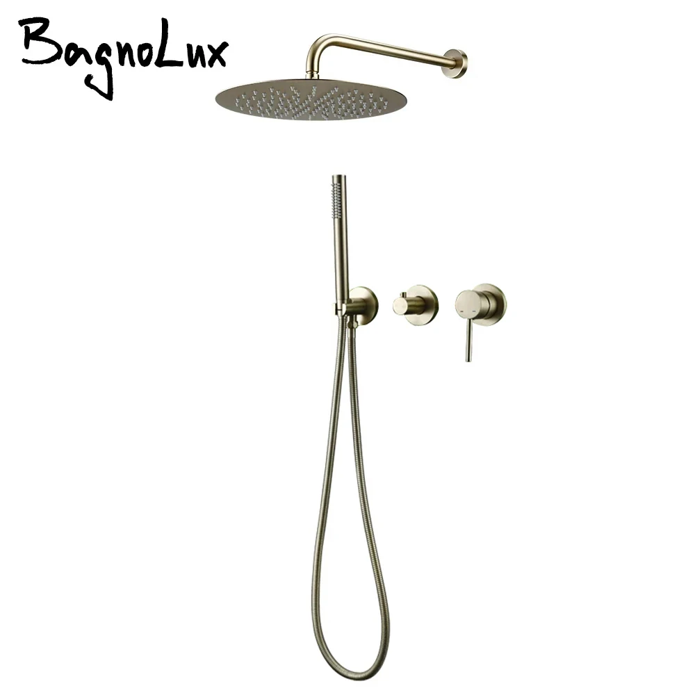 Bagnolux Wall Mounted Brass Brushed Gold Water Contral Valve Rain Shower Head Handheld Holder Hose Bathroom Faucet