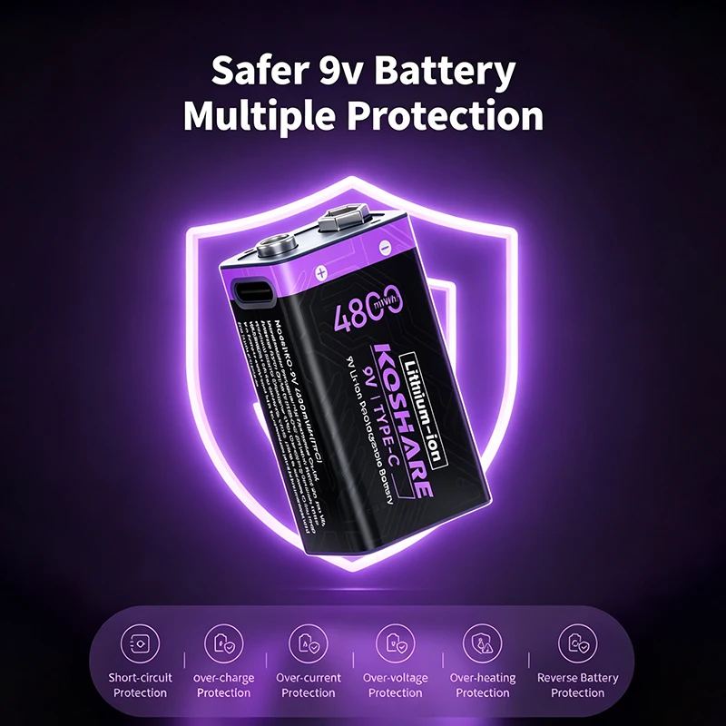 KOSHARE USB Rechargeable 9V Li-ion Batterires 4800mWh Type-C High Capacity 6F22 Lithium Battery For Game Controllers Smoke Alarm