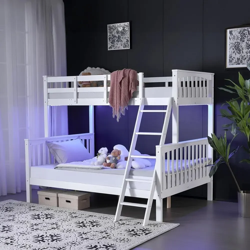 Twin Over Full Bunk Bed with 15 Tall Guardrail, LED Light, Charging Station, Convertible Solid Wood, Heavy Duty Slats, White