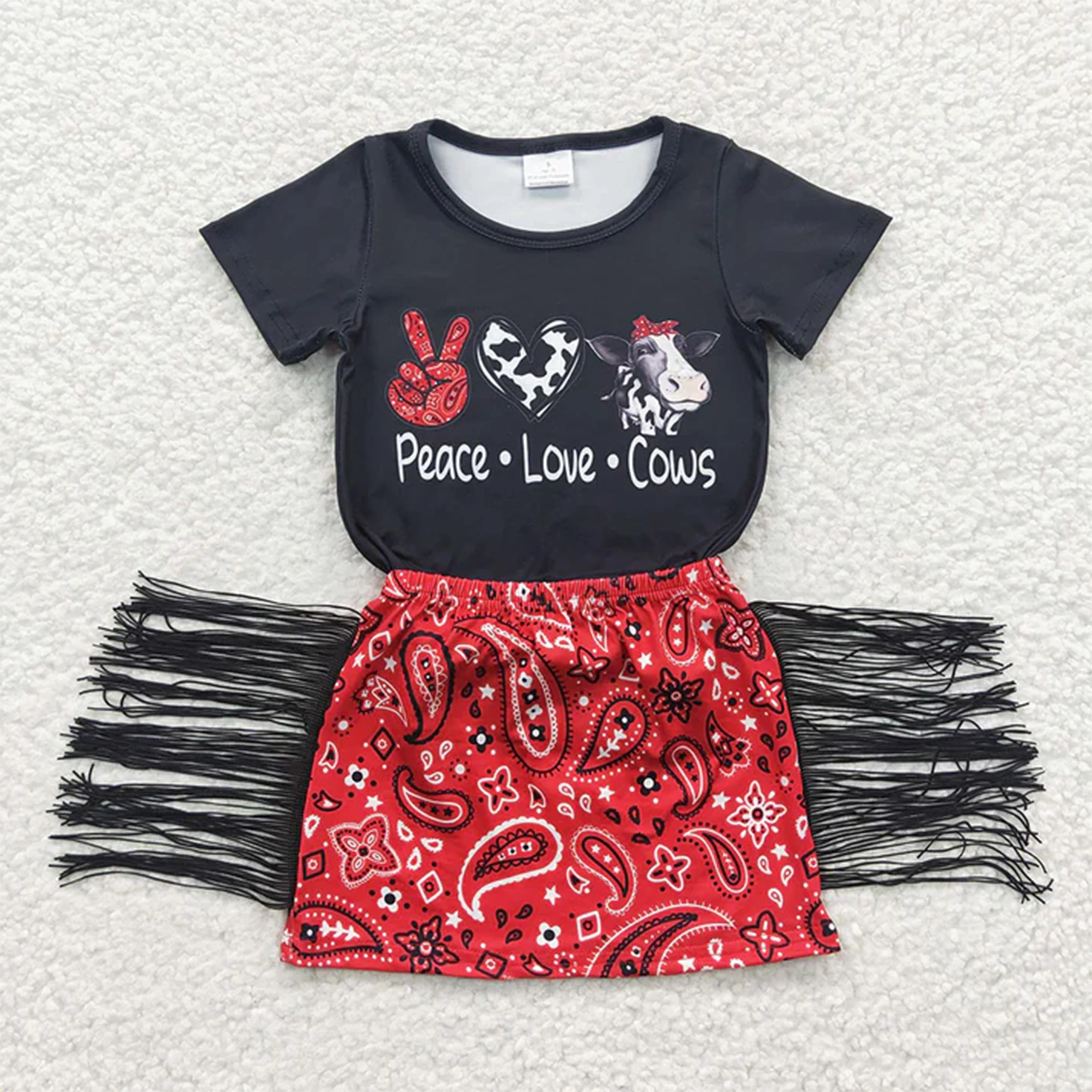 Wholesale Western Two Pieces Summer Toddler Kid Set Short Sleeves Halter Top Children Cow Tassel Shorts Skirt Baby Girl Outfit