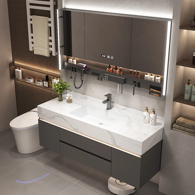 

Rock slab seamless integrated ceramic basin bathroom cabinet light luxury toilet washbasin washbasin cabinet combination