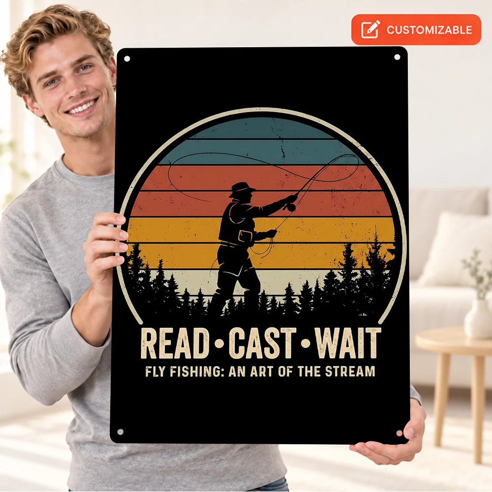 Fly Fishing Sunset Graphic Textured Metal Poster Customized Aluminum Sign Typography Design Wall Art For Study Housewarming Gift