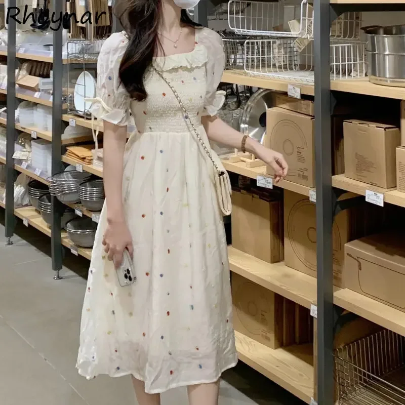 

Puff Sleeve Dress Women Kawaii Clothing Summer Knee-length Girls Aesthetics Sweet Gentle Vintage High Waisted Korean Trendy New